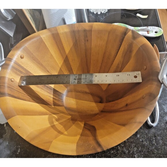 Luxury Nambe Acacia Wood Large Salad Serving Bowl Fork & Spoon Silver Accents - Picture 15 of 16